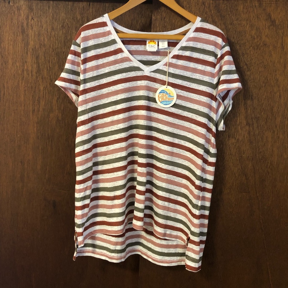 C&C California 100% Linen Multicolor Striped V-Neck Tee